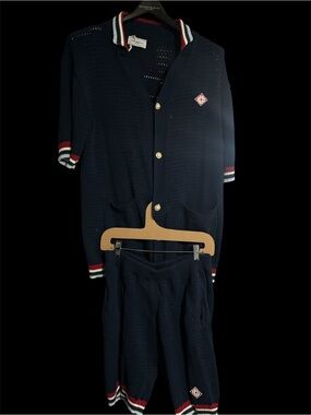 Casablanca Navy Knit Top and Bottom with Red & White Trim